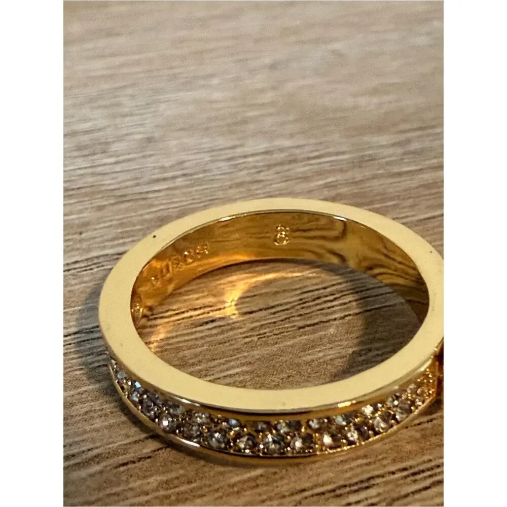 Tory Burch Gold Tone Crystal Miller Logo Ring Size 8 Pavé Rhinestone